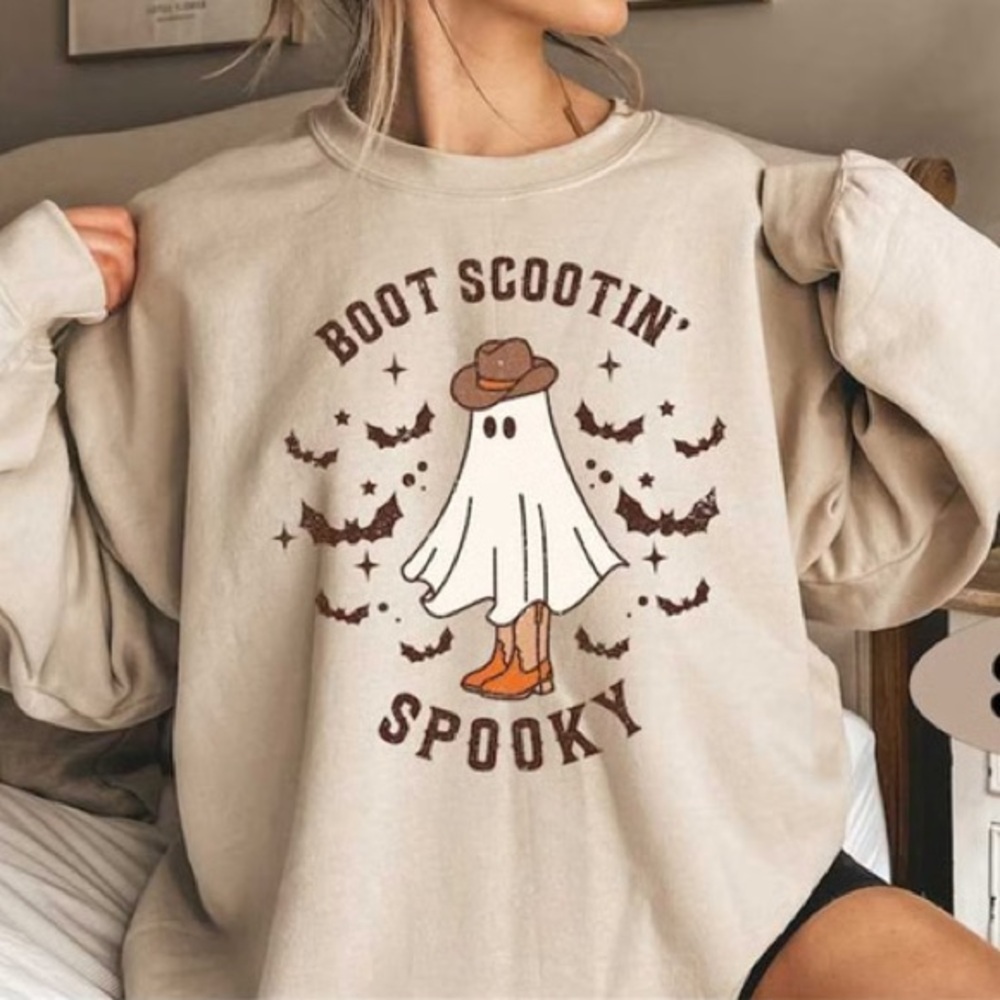 Gildan Boot Scootin' Spooky Ghost Long Sleeve Shirt tan‎ sand size large